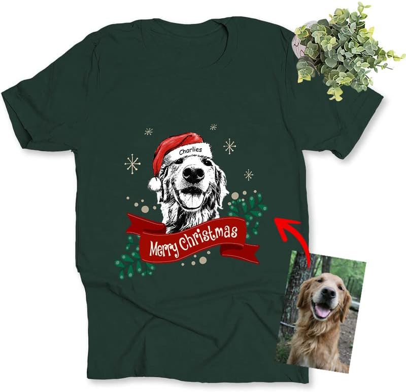 Pawarts Customized Pet Portrait Christmas Ribbon Shirt- Custom Dog Shirts for Dog Mom Dog Dad Funny Xmas Gift,Holiday Shirt