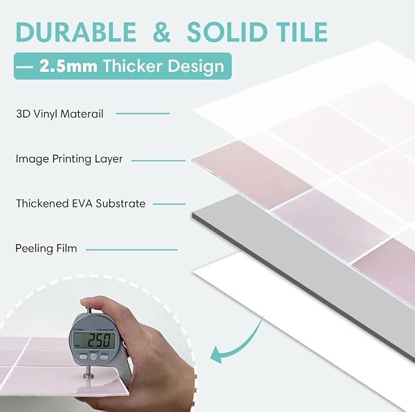 Commomy Thicker Pink Peel and Stick Tiles- 10 pcs of 12" x 12" - 3D Adhesive Square Peel and Stick Tiles Backsplash for Kitchen, Bathroom, Removable, Waterproof, Vinyl Wall Tile by Commomy - Image 3