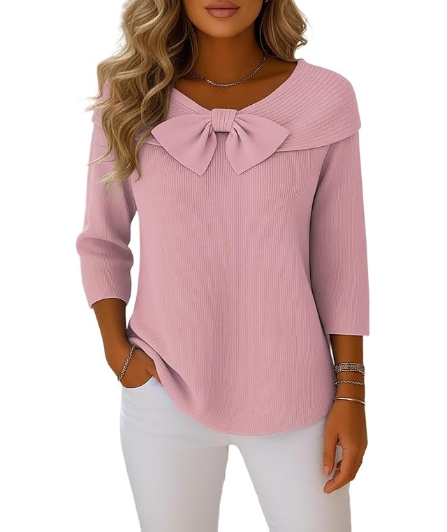 Womens Long Sleeve Crew Neck Bow Knit Sweater Casual Loose Fit Oversized Pullover Sweaters