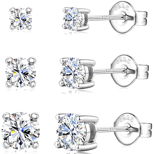 Moissanite Stud Earrings 3 Pairs 14K White Gold Plated Sterling Silver Men's Flat Back Stud Earring Cartilage Helix Piercing D Color Moissanite Earrings Birthday Gifts for Men Women 1.8ct-3.2ct