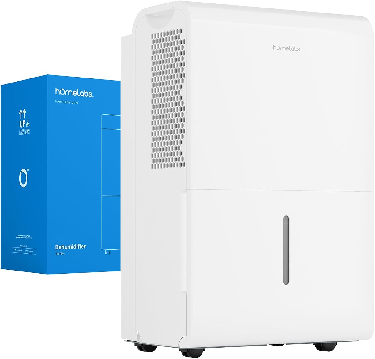 Deshumidificador hOmeLabs 7,000 pies cuadrados 50 pintas (MÁX. 120 pintas a 95°F, 90% RH) | WIFI + control avanzado de humedad y humedad, silencioso, eficiente, apagado automático, ideal para el hogar, el sótano y la oficina