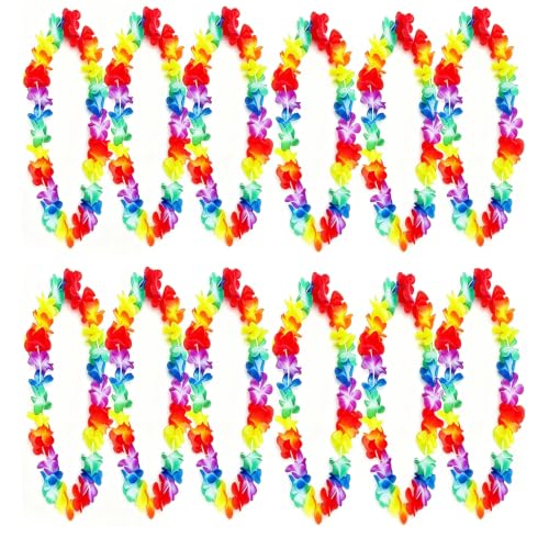 Image of 12 Pcs Hawaiian Garlands, Hawaiian Flower Lei Luau Aloha Hawaiian Garland Necklaces Hawaiian Fancy Dress Accessories for Tropical Party Decorations Beach Theme Party Supplies for Adults Kids