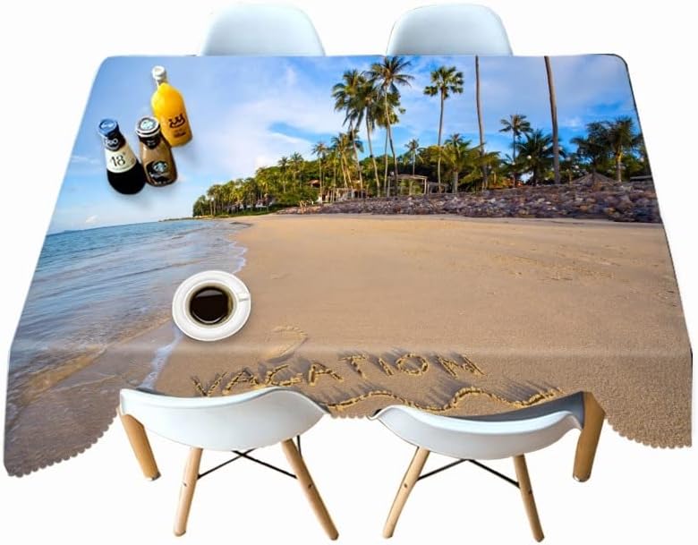 Miniatura 4 de NUER Thicken Cotton Tablecloth 3D Sunset Seascape Pattern Island Coconut Tree Rectangular Table Cloth for Wedding Decor Manteles A3 140x160cm