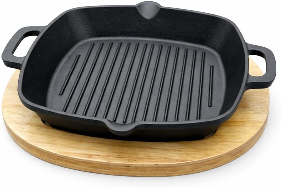 8.5" Personal Sized Pre-Seasoned Cast Iron Grill Pan with Heat-Resistant Oak Wood Base, Square Stovetop Pan with Dual Handles & Pour Spouts, Oven & BBQ Ready, Lasts Decades