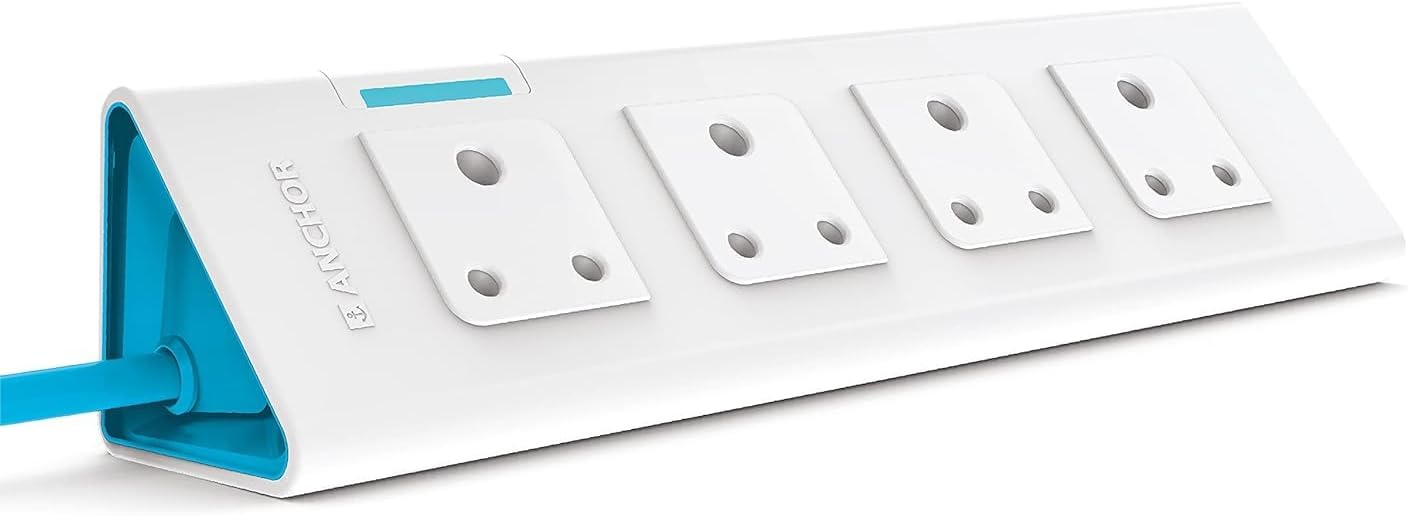 anchor by panasonic 22061 6A Power Strip 4 Socket Spike Guard with Single Switch (1.5 m, White and Blue)