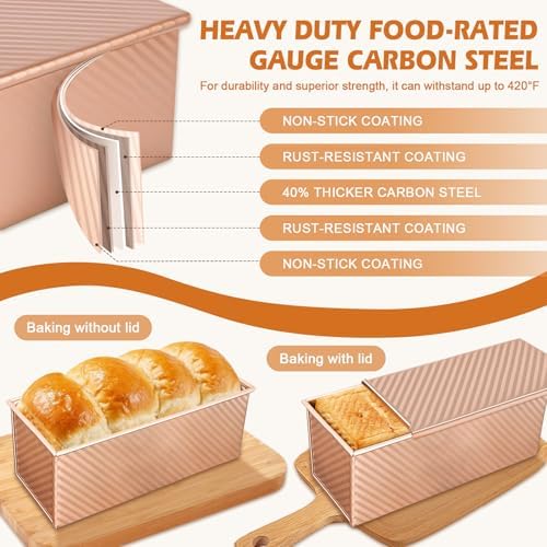 2Pack Pullman Loaf Pans with Lids – 2.2 LB & 1 LB Dough Capacity, Non-Stick Carbon Steel Bread Pans for Homemade Sandwich and Sourdough Bread, Corrugated Toast Mold - Thumbnail 4