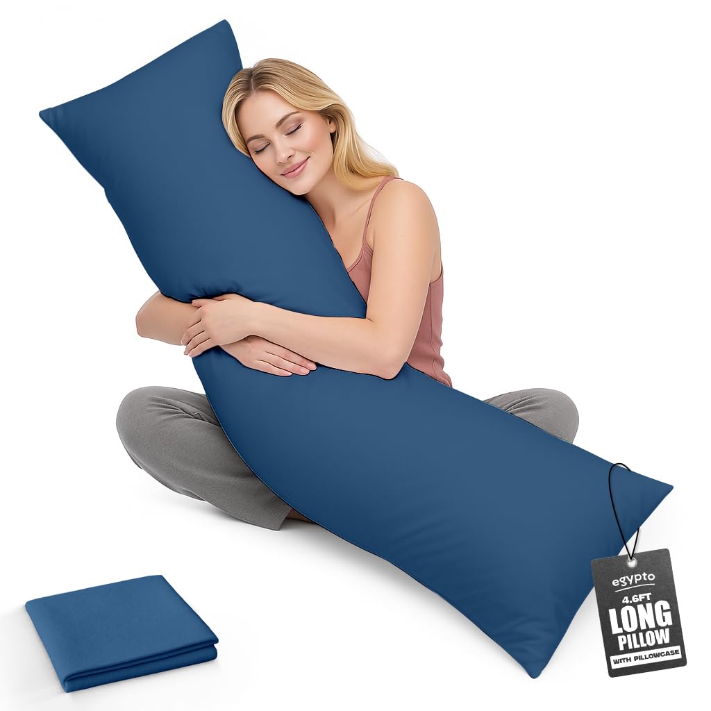 Egypto Women's Mid Blue Living Orthopaedic 4.6Ft Bolster Pillow (19”X54”) – Hypoallergenic Long Pillow – Soft & Breathable Full Body Pillow With Pillowcase