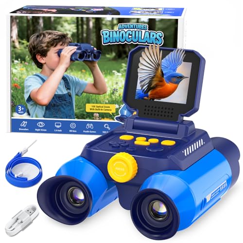 Jumelles Enfant avec Vision Nocturne, Ahalfcit Jumelles Interactives avec Écran HD 2.4" & Zoom 10X pour Photos et Vidéos - Binoculars pour Oiseaux, Camping, Cadeau pour Enfants dès 4 Ans - Bleu
