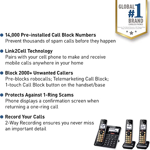 Image of Panasonic Cordless Phone with Advanced Call Block, Link2Cell Bluetooth, One-Ring Scam Alert, and 2-Way Recording, Phone with Answering Machine, 3 Handsets - KX-TGF973B (Black /Silver Trim) (Pack of 3)