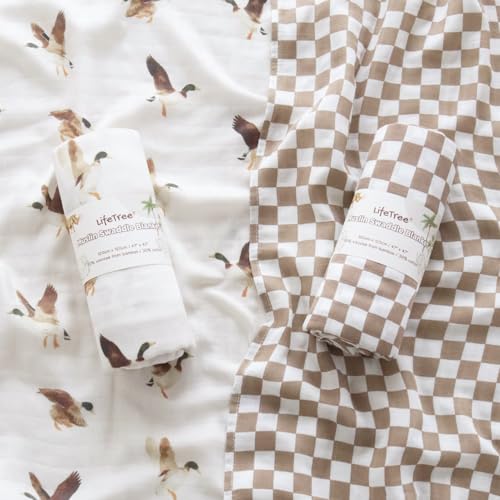 Image of LifeTree Baby Swaddle Blankets, Boys Girls Muslin Swaddling Wrap Receiving Blanket for Newborn, 70% Viscose from Bamboo and 30% Cotton, Large 47 inch x 47 inch, Duck and Coffee Checkered