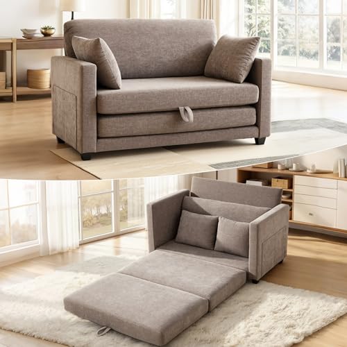 Image of 52 inch Loveseat Sleeper Sofa Bed, Convertible Small Pull Out Couch with Solid Back, 2 Pillows, Modern Upholstered Loveseat for Compact Living Room, Apartment, Bedroom, Brown
