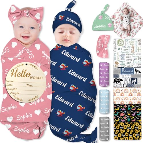 SIMIEEK Personalized Baby Swaddle Blanket Girl Boy Custom Name Receiving Blanket with Bow Headband and Hat Set Customized Newborn Gifts with Baby Announcement Sign