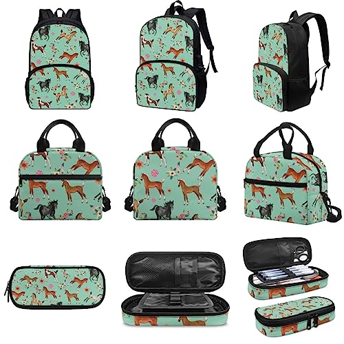 Cute Girls Backpack with Lunch Box Pencil Case Multi Pockets Large Green Floral Horse School Backpack and Lunch Bag Set for Girls Student Lightweight Basic Comfy Book Bag 17 Inch3