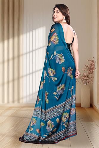Image of SUPERLAXMI Women's Chiffon Floral Printed Saree with Blouse Piece