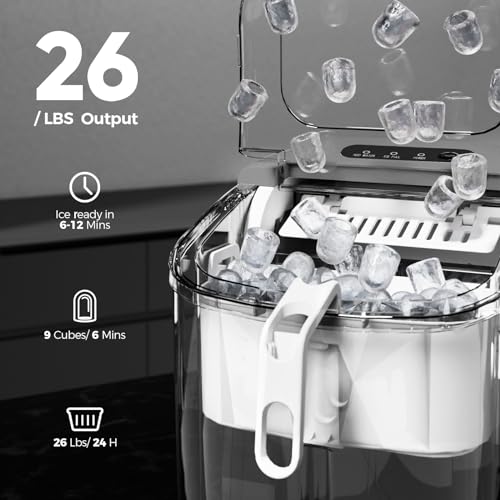 Image of Crzoe Countertop Ice Maker Machine with Handle,26Lbs /24H,9 Cubes Ready in 6 Mins,Self-Cleaning Function with Ice Scoop and Basket for Home /Office(Grey)