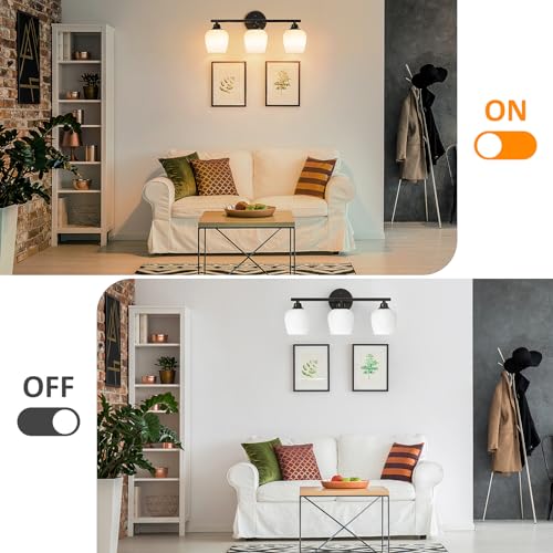 Image of ONEWISH Bathroom Light Fixtures - Modern Wall Sconces 3 Light Black, Wall Lamp for Vanity Light Over Mirror, Opal Glass Globe Lamp for Bedroom, Living Room, Hallway, E26 Socket Bulb NOT Included