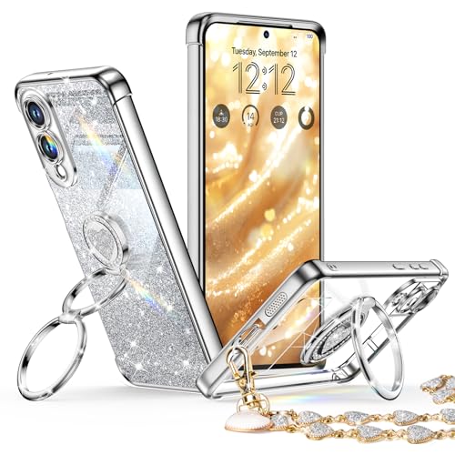 Image of XYZ for Galaxy S25 Edge Case with Stand, for Samsung Galaxy S25 Edge Case with Double Ring, Women Girls Bling Luxury Glitter Clear Phone Case Cover Heart for Samsung S25 Edge, Silver
