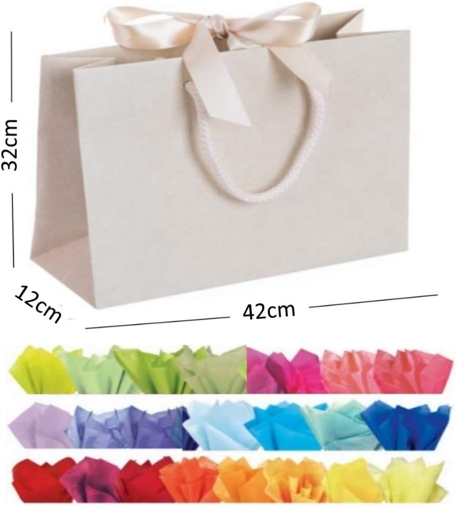 MustBeBonkers Natural Or Cream Boutique Shop Ribbon Tie Gift Bags Rope Handle Events Bag Plus Tissue Wrap (Cream Large, 8 Bags)
