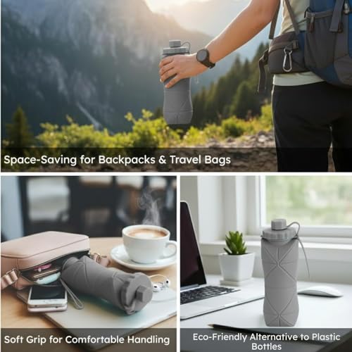 Image of SILENCIO Silicone Water Bottle 600 ml | Foldable Leak Proof Travel Bottle | BPA Free Reusable Drinking Bottle for Gym, Trekking, Camping & Outdoor Use (GREY)