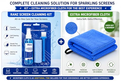 Image of Ranz Screen Cleaning Kit for Laptop, Mobile, TV & Monitor | 3-in-1 Kit with 100ml Spray, 400 GSM Dual-Sided Microfiber Cloth & Brush | Streak-Free, Alcohol-Free LCD LED Screen Cleaner