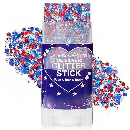 Patriotic Red White and Blue Hair Glitter Stick 4th of July Accessories AmericaFlag Face Body Glitter for Fourth of July Outfits Women Waterproof Glitter Makeup for Independence Day Anniversary