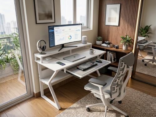 Image of TEKAVO Plik Computer Table for Home Pc | Office Table for Home | Shelf, Moniter Riser & Keyboard Tray, Laptop Table, Worktable, Study Table, Workstation | Whitewood, Metal, (150 Cm x 60 Cm) DIY