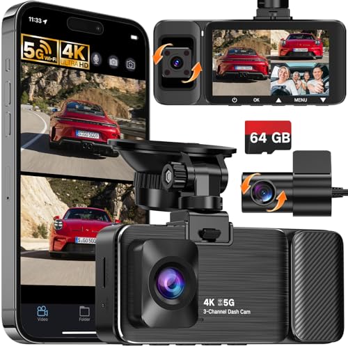 WECOOL 4K UHD 3 Channel Dash Cam Front and Rear Inside, Free 64GB Card Included, 360° Wide-Angle Full-View Dash Camera for Cars with Night Vision, 24H Parking Mode, G-Sensor, Loop Recording, 5GHz WiFi