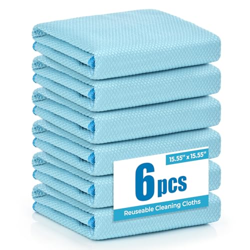 Tekswip Nanoscale Microfiber Cloths 15.55”x 15.55”, Glass Window Mirror Stainless Steel Car Cleaning, Streak-Free, Lint-Free, Super Thick & Absorbent, Reusable, 6 Pack (Blue)