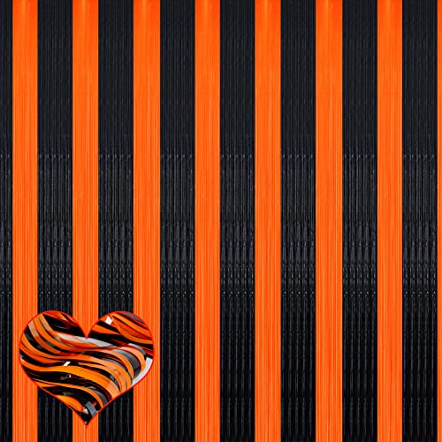Image of 4 Pack Fringe Curtain Backdrop, 3.2Ft x 9.8Ft Black Orange Metallic Tinsel Foil Fringe Streamers Background for Photo Booth Birthday Wedding Baby Shower Carnival Easter Mother's Day Party Decorations