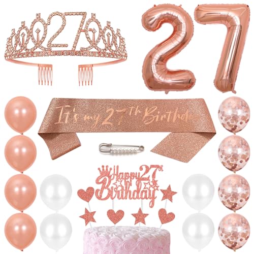 27° compleanno corona fascia donna cristallo regina tiara principessa corona 27 anni decorazione torta elio palloncini oro rosa palloncino numero 27 decorazioni di compleanno per donne feste