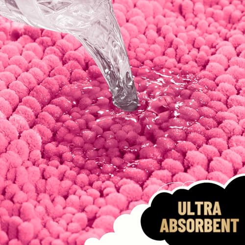 Image of OLANLY Thick Bathroom Runner Rugs 44x24, Extra Absorbent Chenille Striped Bath Rugs, Rubber Backing, Machine Wash Dry, Long Bath Mats for Bathroom, Tub and Shower, Home Decor Accessories, Hot Pink