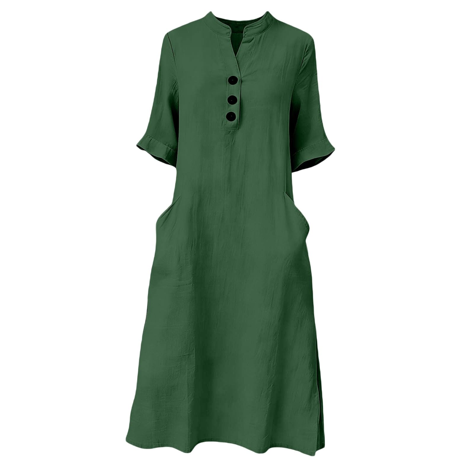 Abito in lino da donna, scollo rotondo, a maniche corte, estivo, in cotone e lino, per il tempo libero, da spiaggia, abito da spiaggia, abito casual da spiaggia