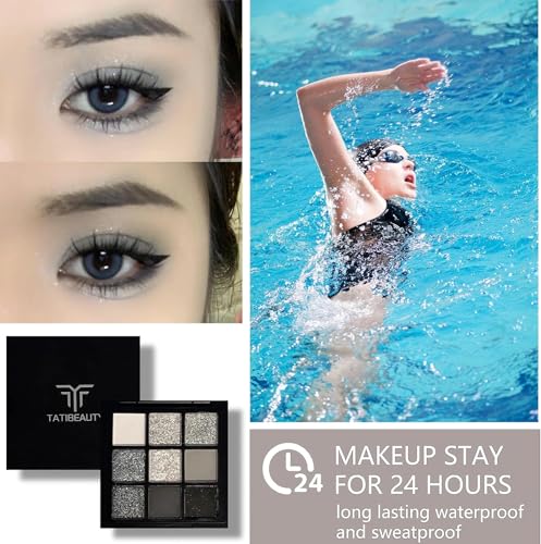 Long Lasting Black Eyeshadow Palette with Silver Glitter, Matte White and Grey Shades. Waterproof Goth Make Up for Women and Girls, Perfect for Halloween and Christmas Gifts - Image 8