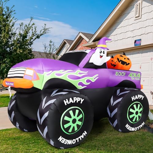 Image of GOOSH 8 FT Long Halloween Inflatables Monster Truck Outdoor Decorations Blow Up Yard Cute Ghost with Pumpkin on Truck Car with Built-in LEDs for Garden Lawn Indoor Party Decor