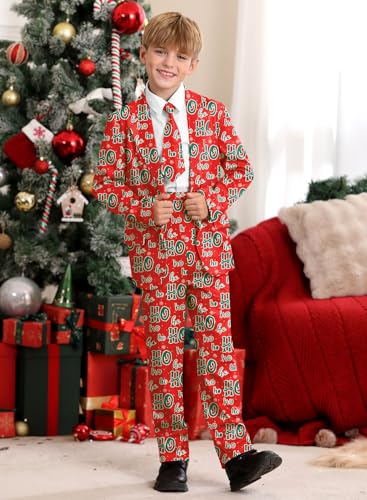 Image of Boys Christmas Printed Ugly with Jacket, Pants & Tie 3 Piece Holiday Party Warm Suit Red Ho Ho Ho 12 Years
