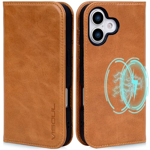 Étui portefeuille en cuir véritable VISOUL pour iPhone 17 6.3 pouces antichoc jaune