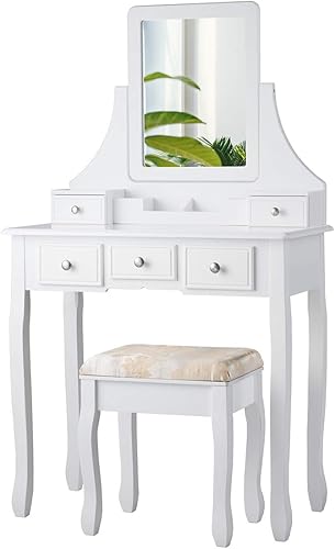 Miniatura 8 de CHARMAID Juego de tocador de maquillaje con espejo y taburete acolchado, tocador con 5 cajones y organizadores de almacenamiento extraíbles, mesa de