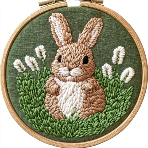 Punch Needle Kits Cartoon Baby Brown Rabbit in Grass Easy for Beginners DIY Punch Needle Yarn Starter Embroidery Set for Craft Lovers with Printed Pattern and Hoop for Home Decor 20x20cm