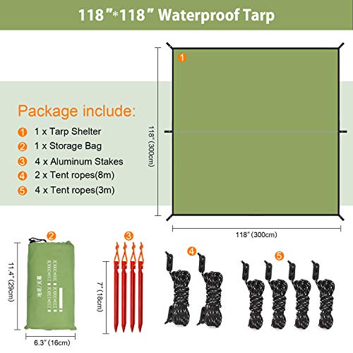 Esup 10 X 10 Ft Hammock Rain Fly Lightweight Windproof Tent Tarp, 210T Ripstop Nylon Material, Camping, Hiking Essential Gear, (Green) #TOP1