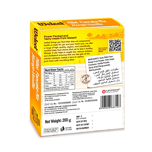 Image of Weleet Millet Pancake Mix | Mango Vanilla Flavour | Pancake Mix Powder, 0% Maida, Gluten Free, Diabetic Friendly - 200 gm, Pack of 1
