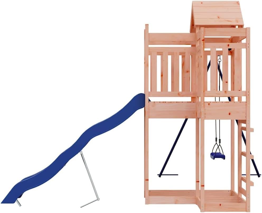 Outdoor Playset Natural Wood Blue with Wavy Slide and Saddle Swing for Garden Fun, Sturdy Solid Douglas Fir Wood Construction, 4-Piece Set for Active Play and Social