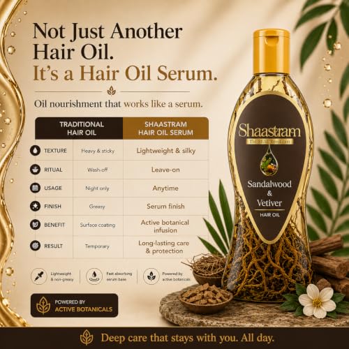Image of Sandalwood & Vetiver Herbal Hair Oil (works like a serum) with Neem Comb | Lightweight Leave-On Oil with Active Botanical Infusion | Helps Cool Scalp, Relieve Itchy & Dry Scalp, Strengthen Roots & Control Frizz | Non-Sticky Hair Oil | 180 ml