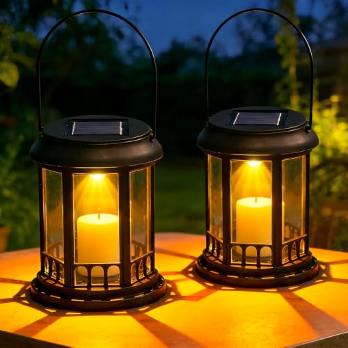 yowin Lanterne Solaire Exterieur Jardin 2 Pièces Lampe Solaire avec Bougie Vacillante LED, Lampe de Table Solaire IP44 Étanche Suspension Solaire Luminaire...