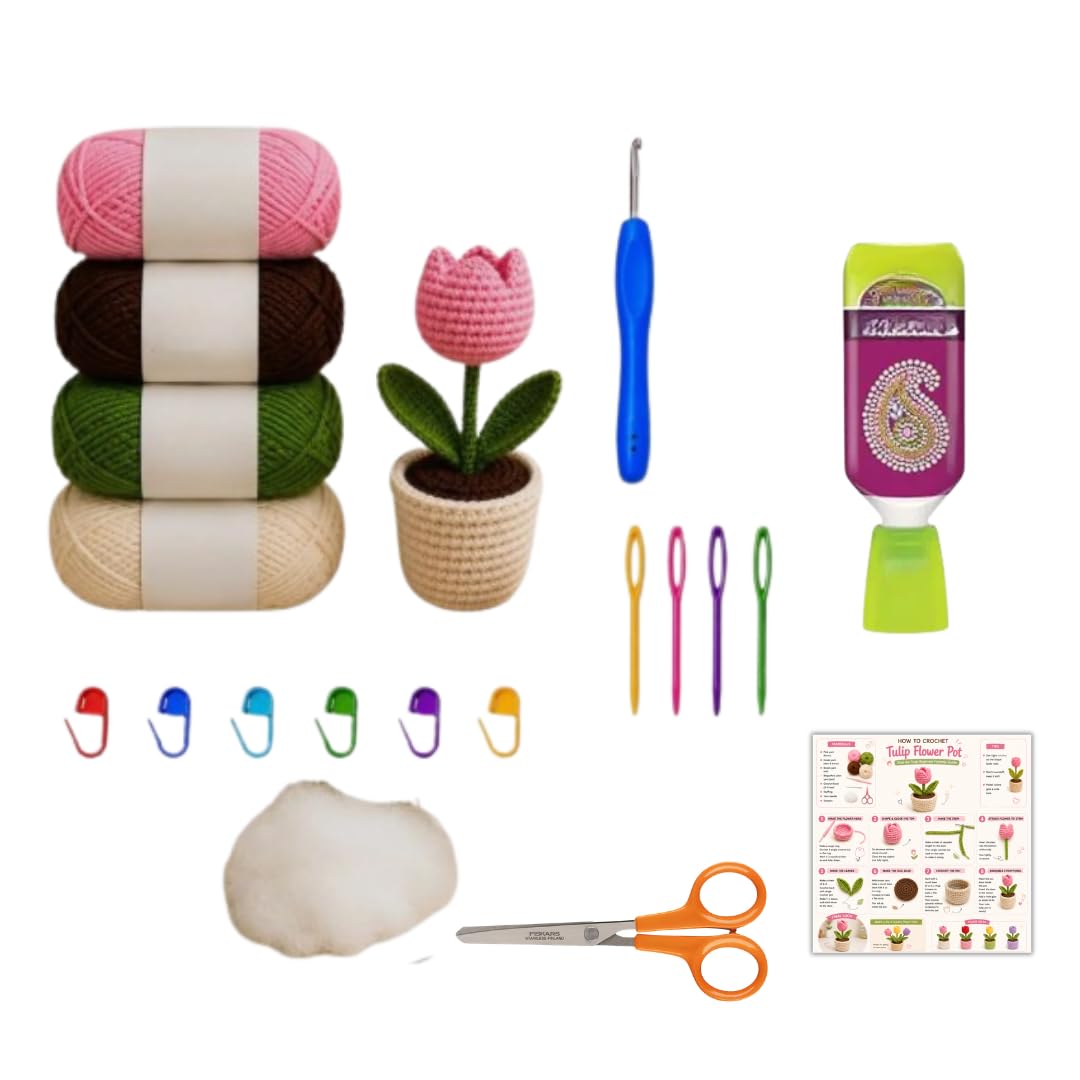 Tulip Flower Pot Crochet Making Kit for Beginners & Adults | DIY Knitting & Crochet Craft Kit with Yarn, Crochet Hook, Stuffing, Needles, Stitch Markers, Scissors & Step-by-Step Guide-image-17