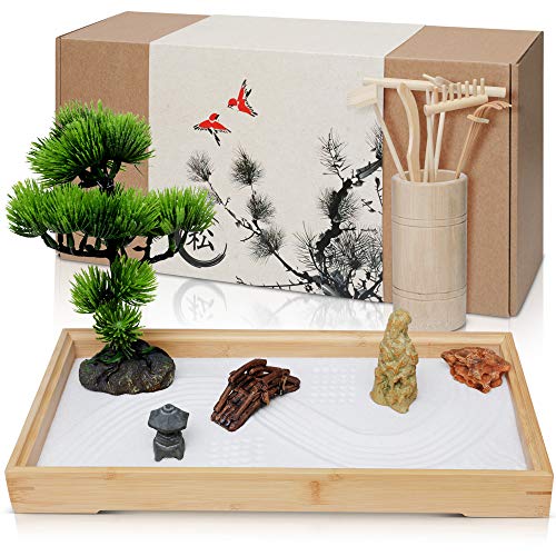 Japanese Zen Garden for Desk - Extra Large 16  x 8  Desktop Mini Zen Garden with White Sand, Artificial Bonsai Tree, Rocks, Rakes & Accessories - Meditation Zen Gifts Sand Garden Kit for Office Decor