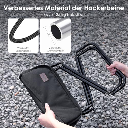 MOONCY Klapphocker Faltbar aus Aluminium, 40 × 37,5 × 39 cm, Extra Großer Falthocker bis 135 kg Belastbar, Leichter Campinghocker für Wandern, Angeln und Outdoor, Schwarz
