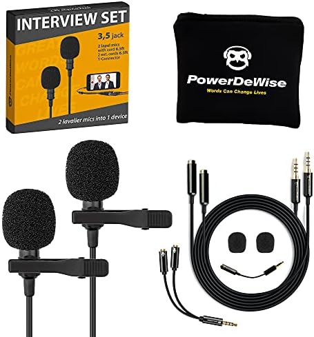 PowerDeWise Professional Grade 2 Lavalier Clip-On Microphones Set for Dual Interview - Double Lav Lapel Microphone - Use for iPhone Phone Camera - Blogging Video Recording Noise Cancelling 3.5mm Mic