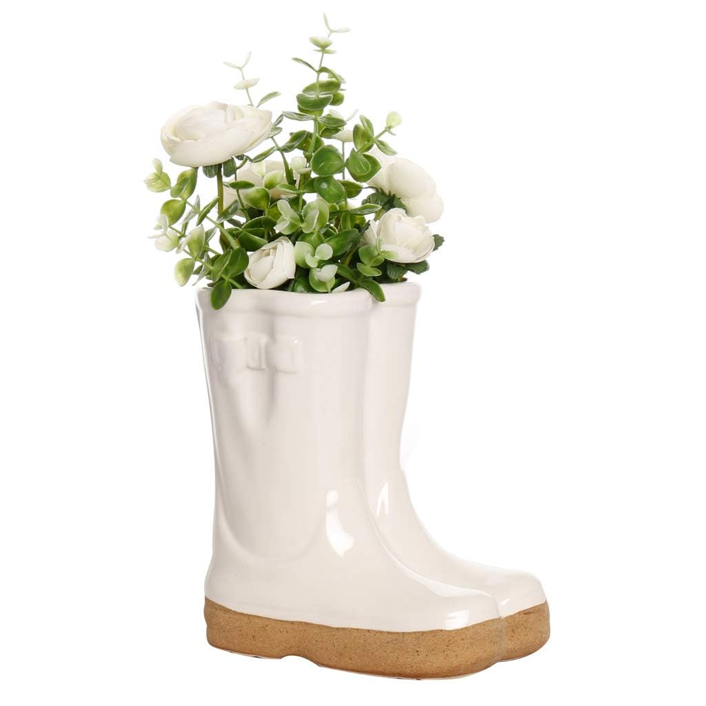 Dibor White Ceramic Double Wellington Boot Shaped Indoor/Outdoor Plant Pot Fathers Day Garden Gift