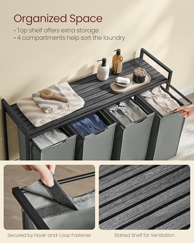 Image of VASAGLE Laundry Hamper, Laundry Basket, Laundry Sorter with 4 Pull-Out and Removable Bags, Shelf, Metal Frame, 4 x 10.6 Gallons (40 L), 45.7 x 13 x 28.4 Inches, Slate Gray and Charcoal Gray UBLH401G01