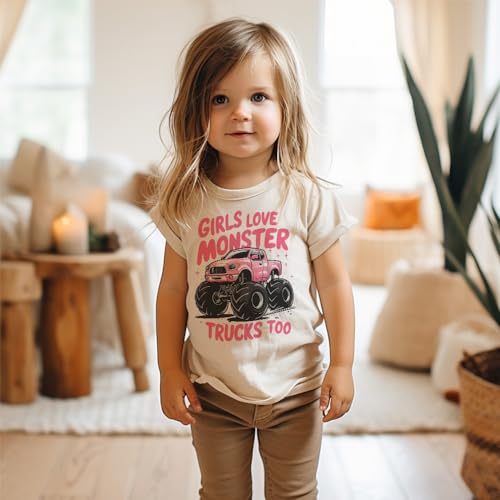 Girls Pink Monster Truck Shirt - Girls Love Monster Trucks Too T-Shirt - Boho Natural Toddler Youth Tee3